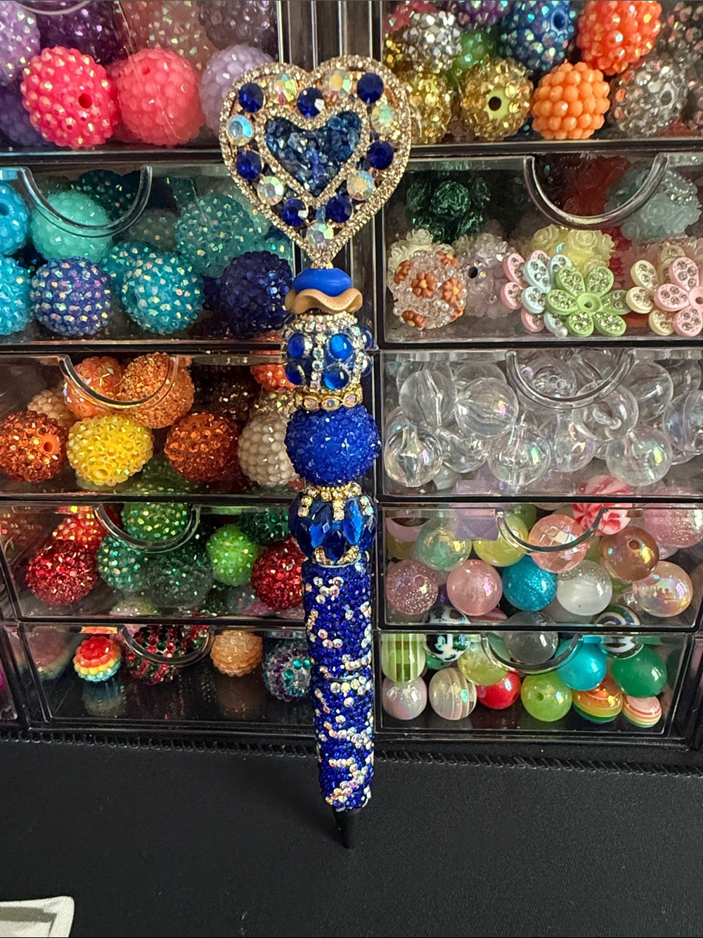 Fancy Blue Heart on blue rhinestone pen
